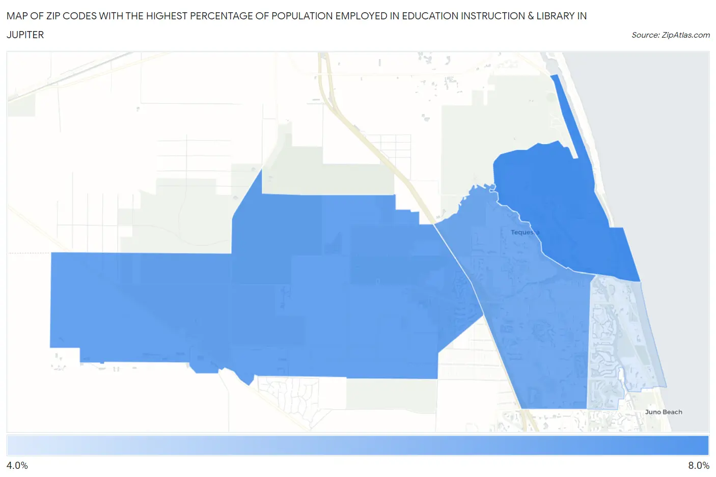 Zip Codes with the Highest Percentage of Population Employed in Education Instruction & Library in Jupiter Map