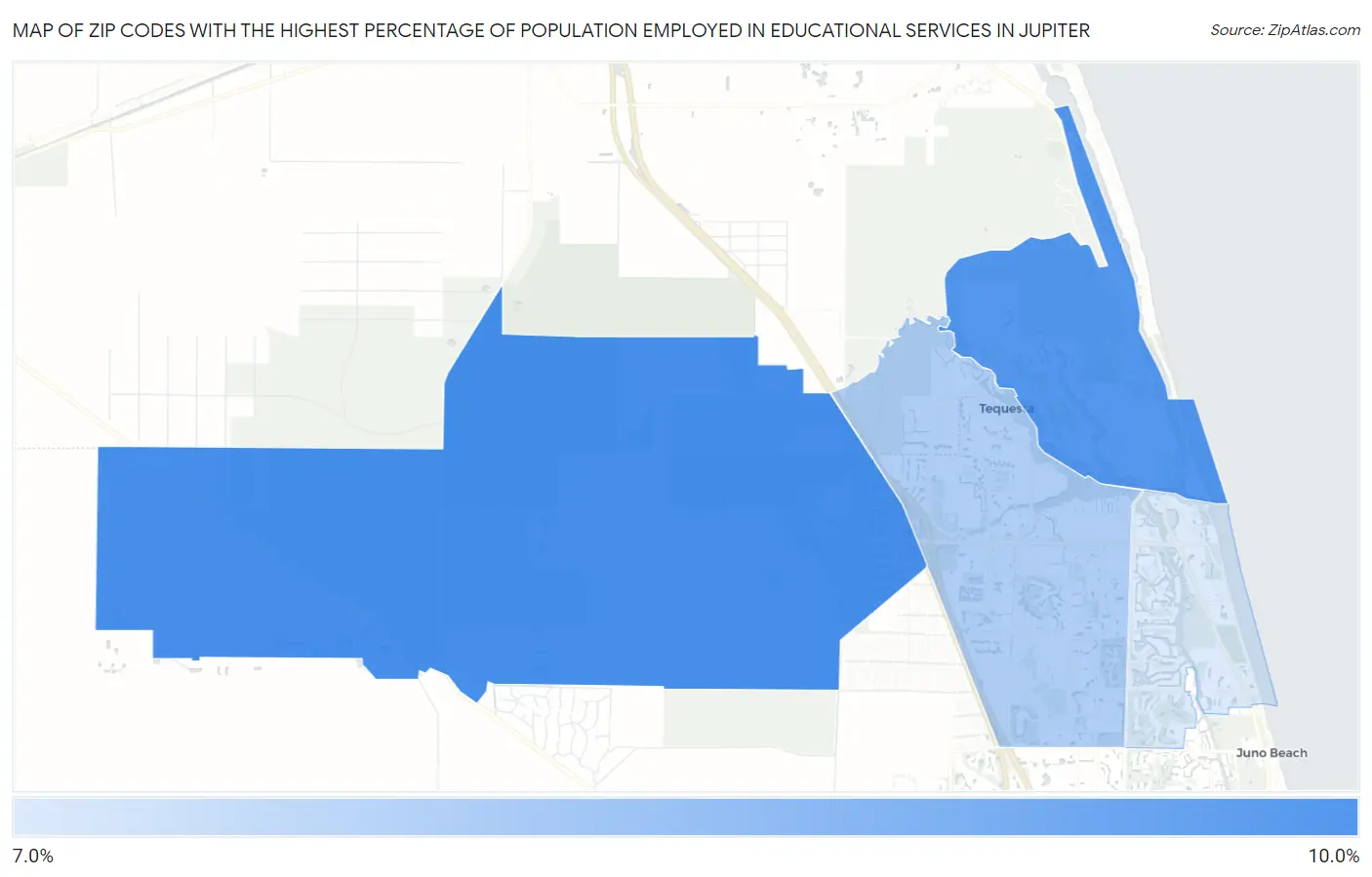 Zip Codes with the Highest Percentage of Population Employed in Educational Services in Jupiter Map