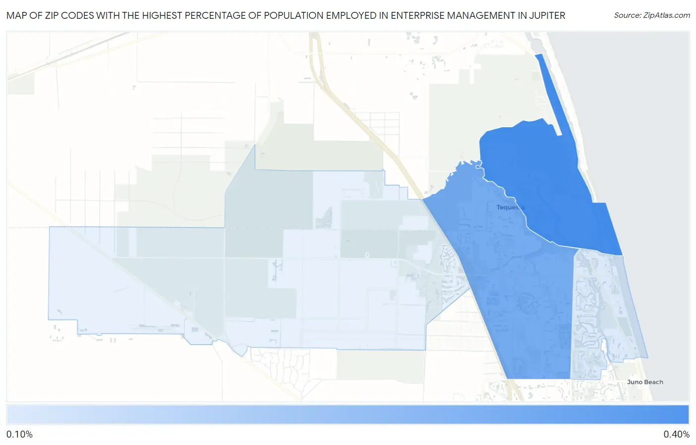 Zip Codes with the Highest Percentage of Population Employed in Enterprise Management in Jupiter Map