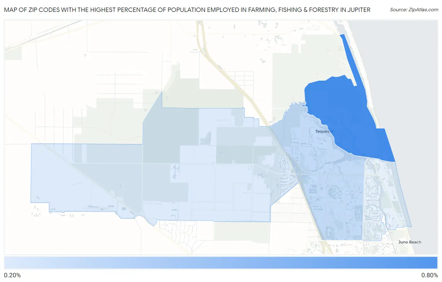 Zip Codes with the Highest Percentage of Population Employed in Farming, Fishing & Forestry in Jupiter Map