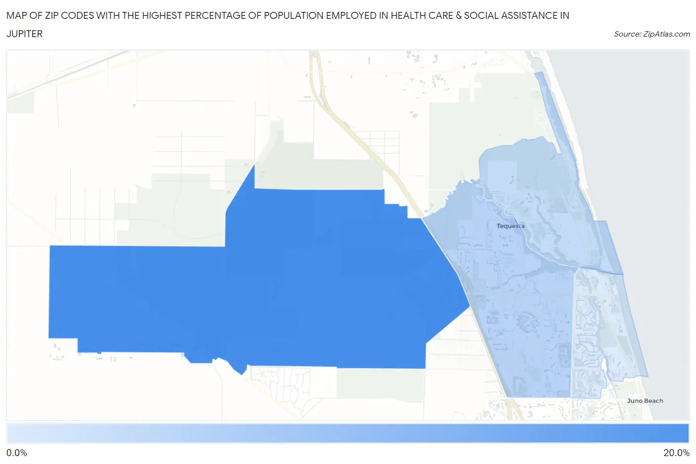Zip Codes with the Highest Percentage of Population Employed in Health Care & Social Assistance in Jupiter Map
