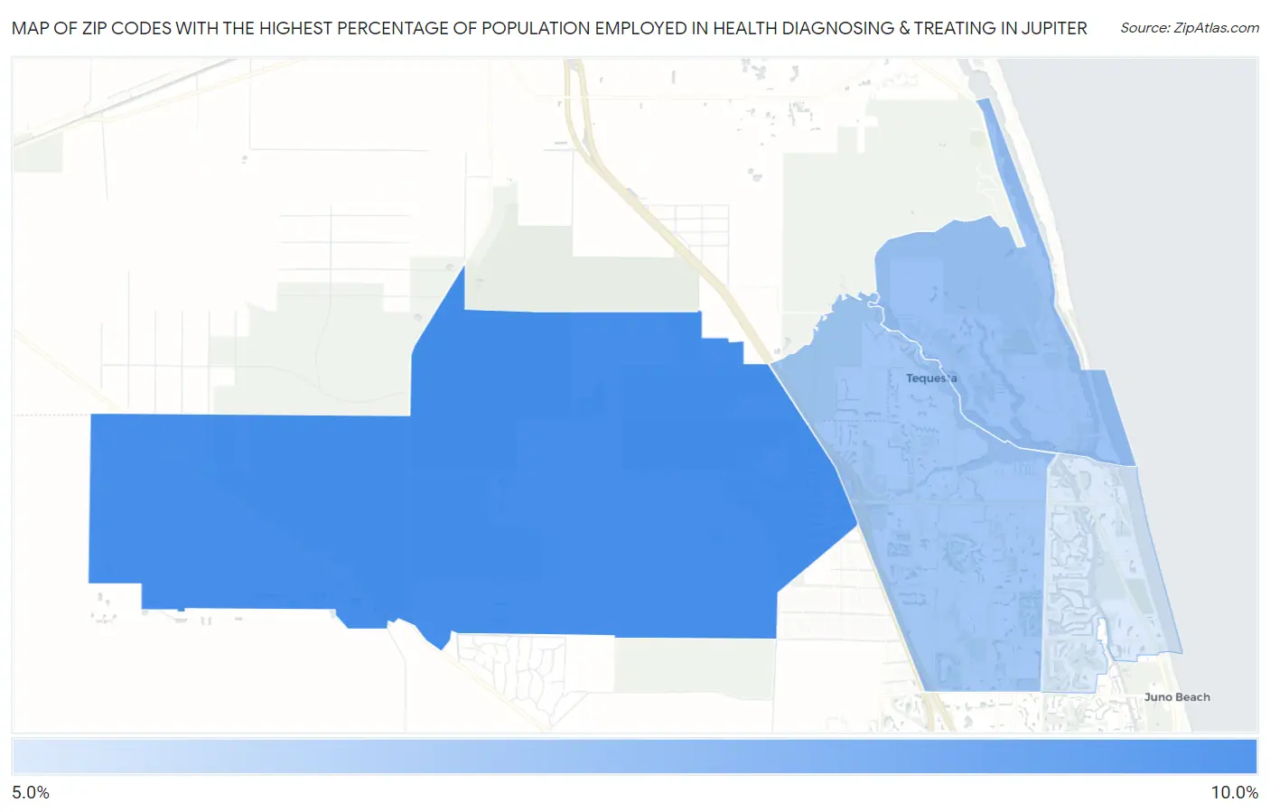 Zip Codes with the Highest Percentage of Population Employed in Health Diagnosing & Treating in Jupiter Map
