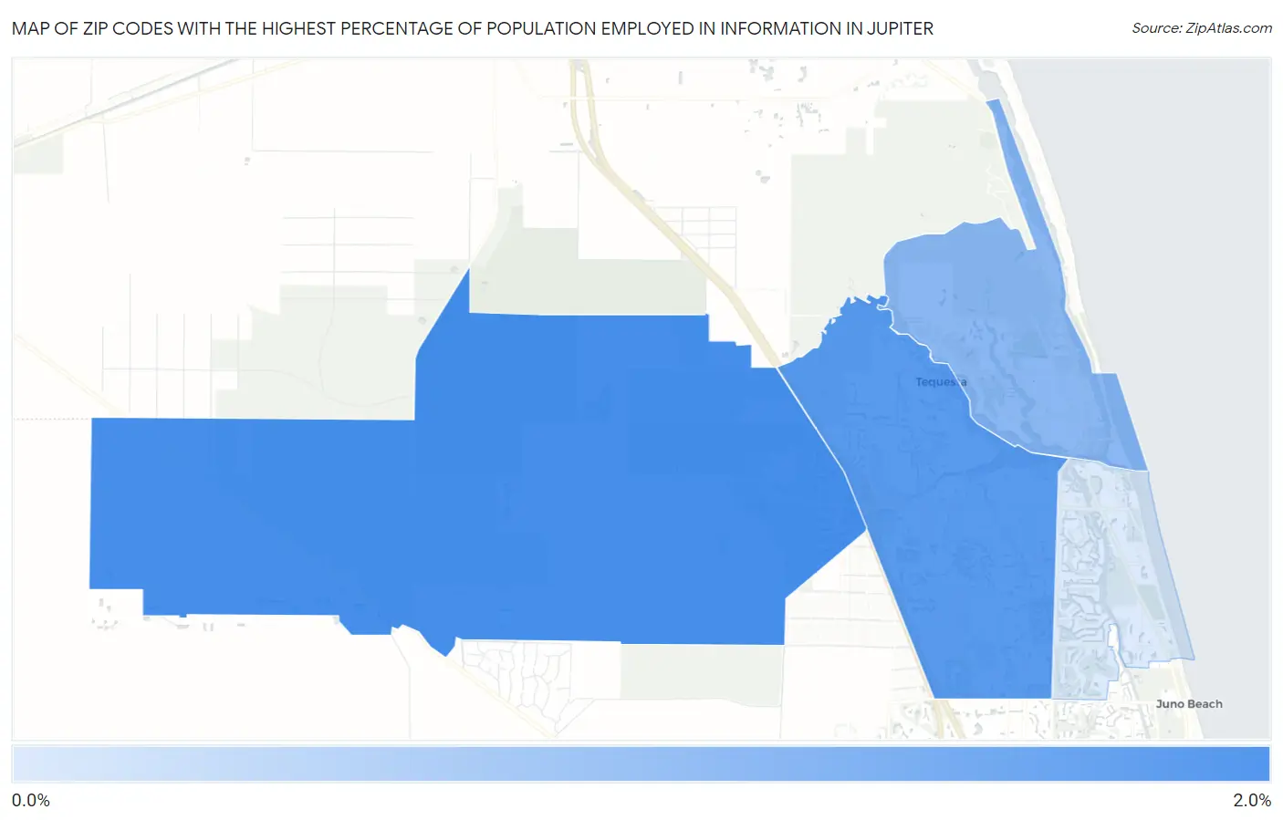 Zip Codes with the Highest Percentage of Population Employed in Information in Jupiter Map