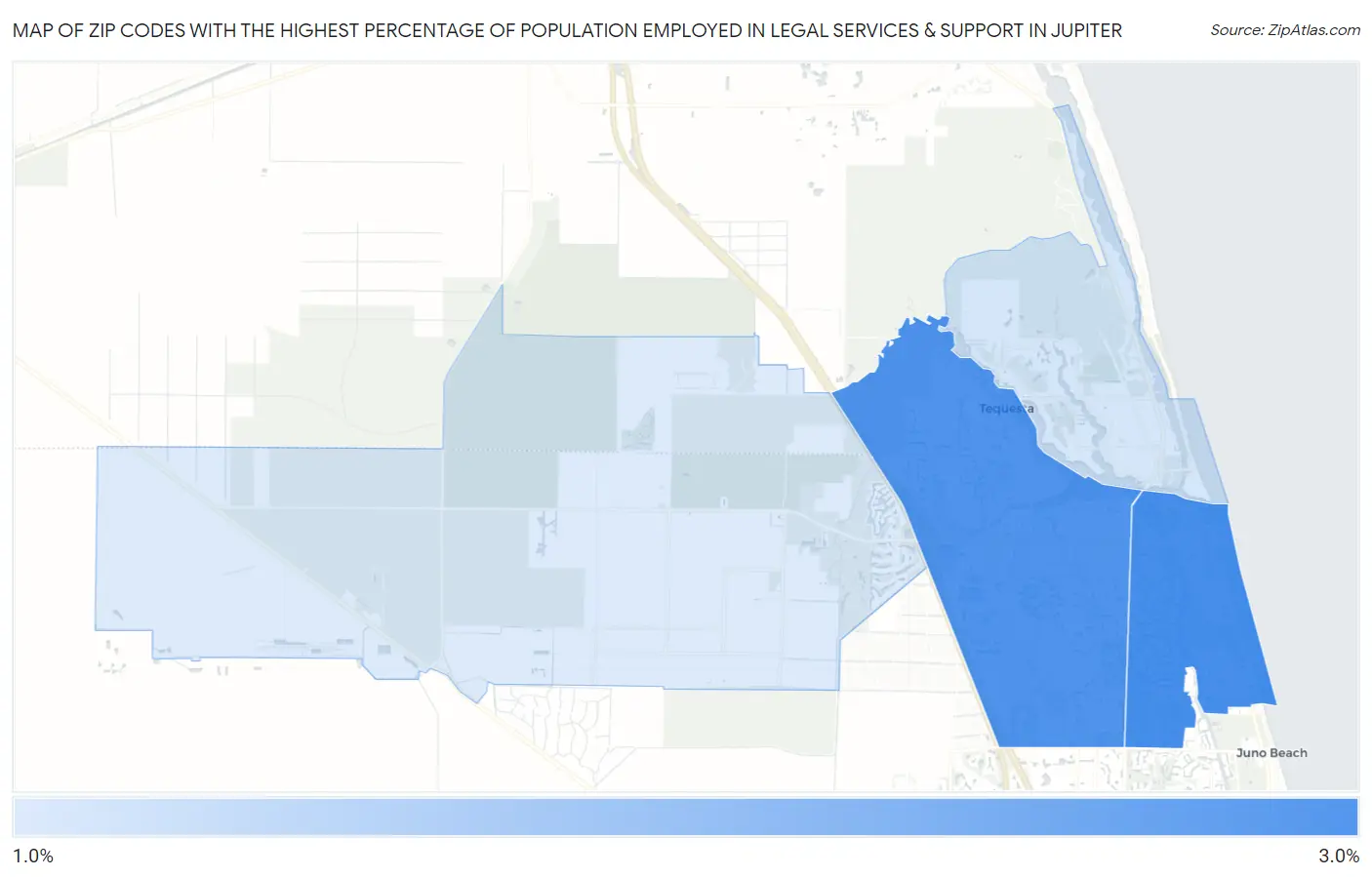 Zip Codes with the Highest Percentage of Population Employed in Legal Services & Support in Jupiter Map