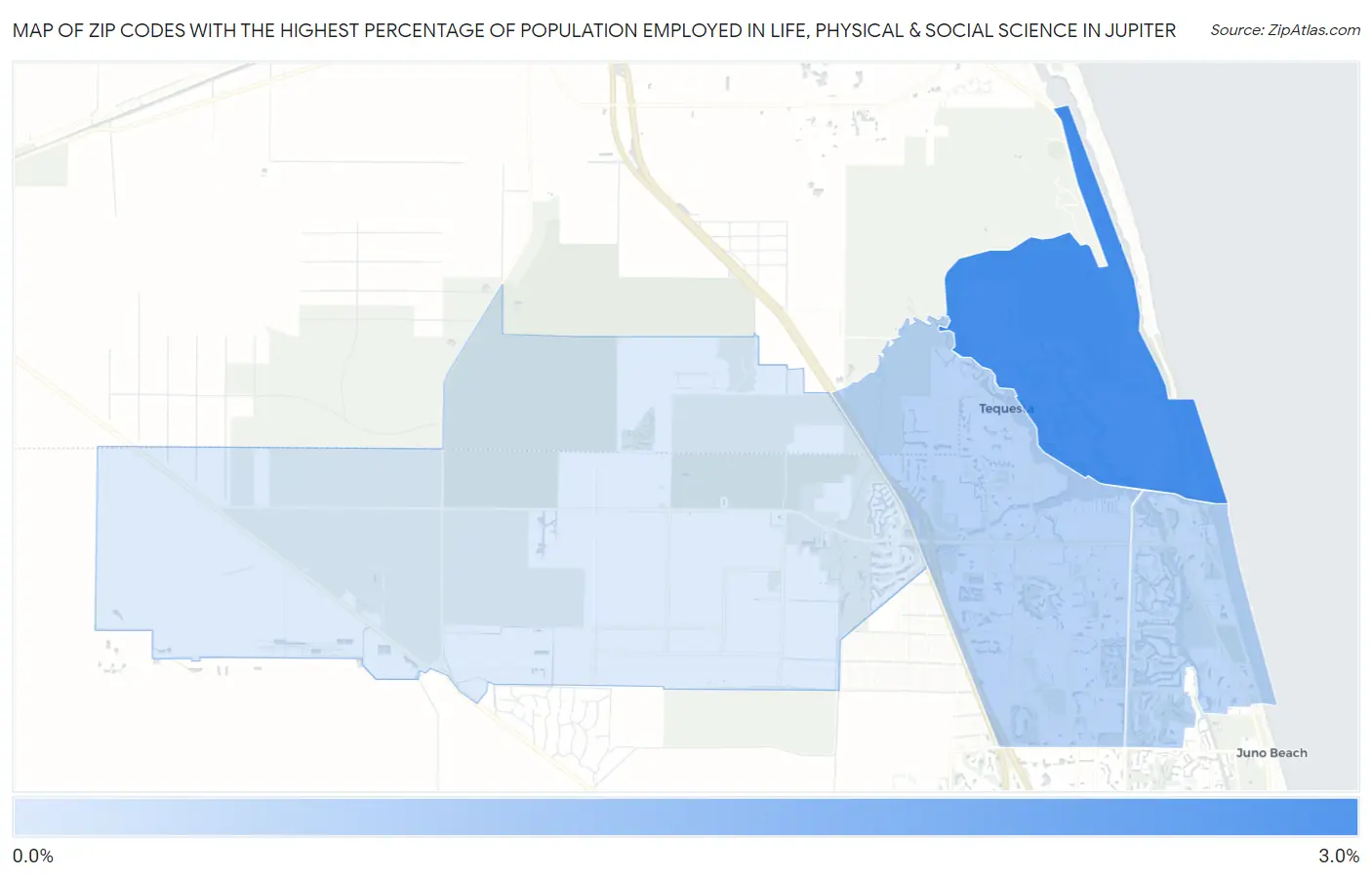 Zip Codes with the Highest Percentage of Population Employed in Life, Physical & Social Science in Jupiter Map