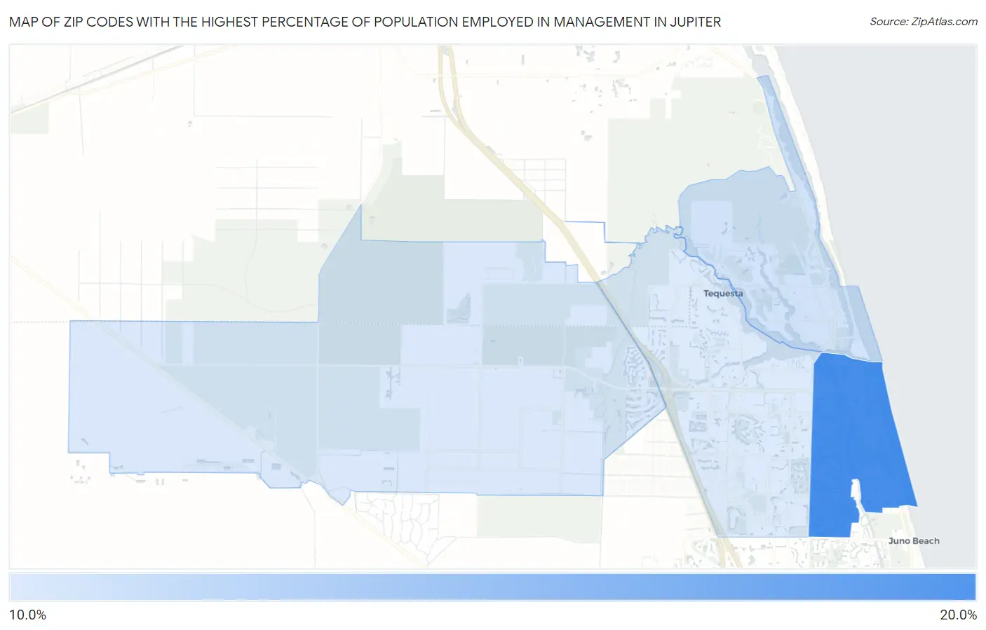 Zip Codes with the Highest Percentage of Population Employed in Management in Jupiter Map