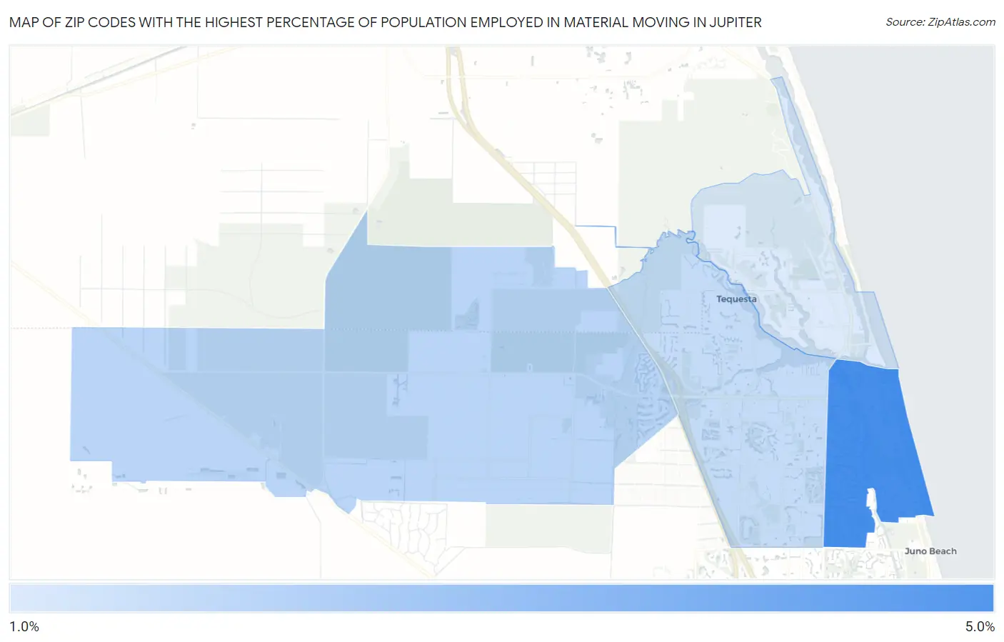 Zip Codes with the Highest Percentage of Population Employed in Material Moving in Jupiter Map