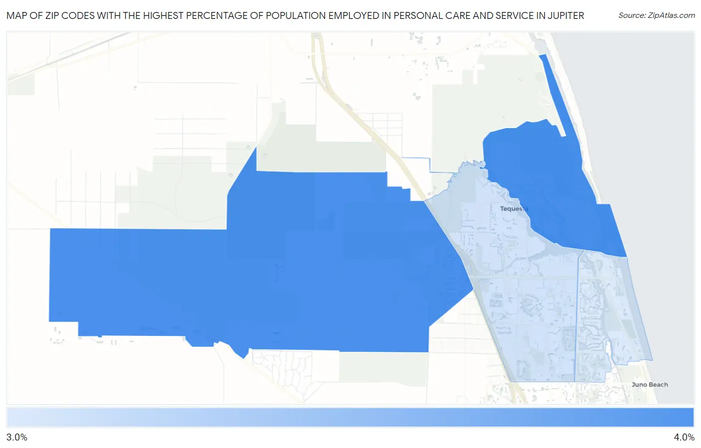 Zip Codes with the Highest Percentage of Population Employed in Personal Care and Service in Jupiter Map