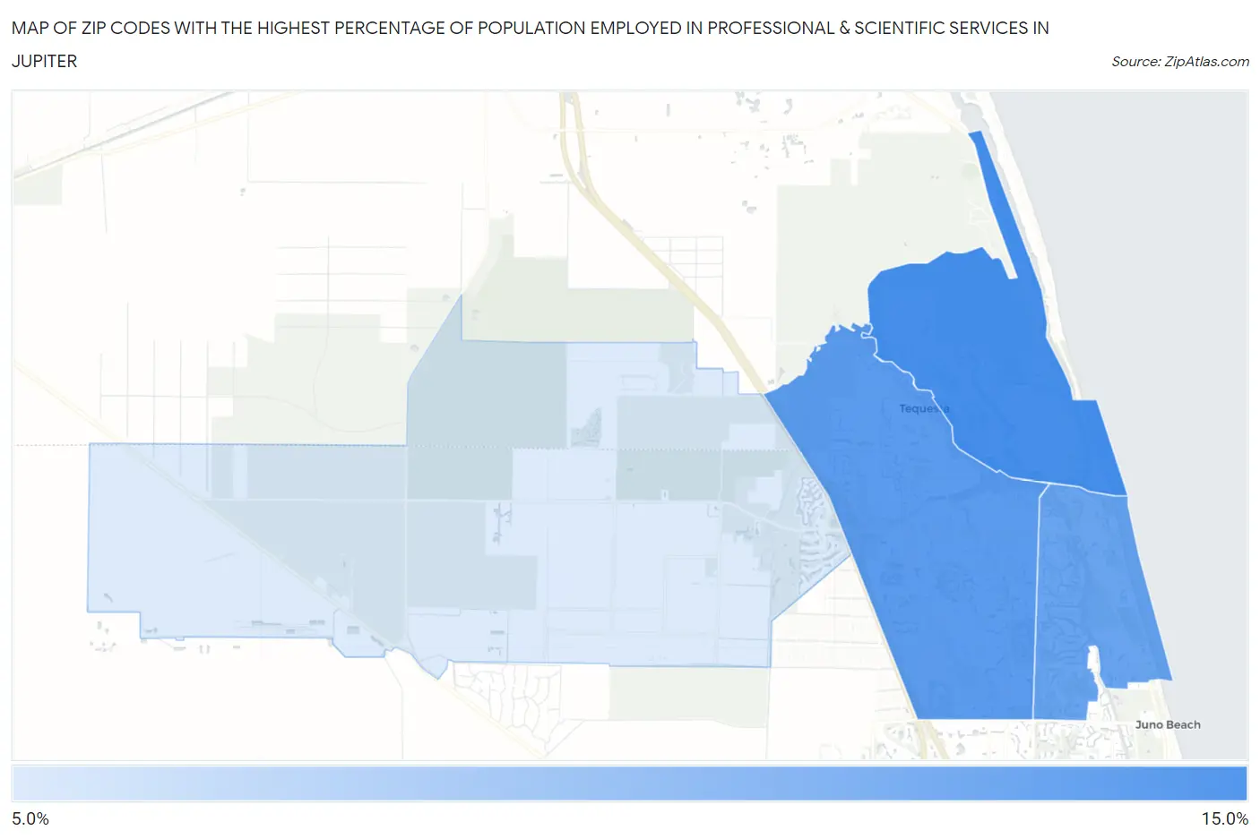 Zip Codes with the Highest Percentage of Population Employed in Professional & Scientific Services in Jupiter Map