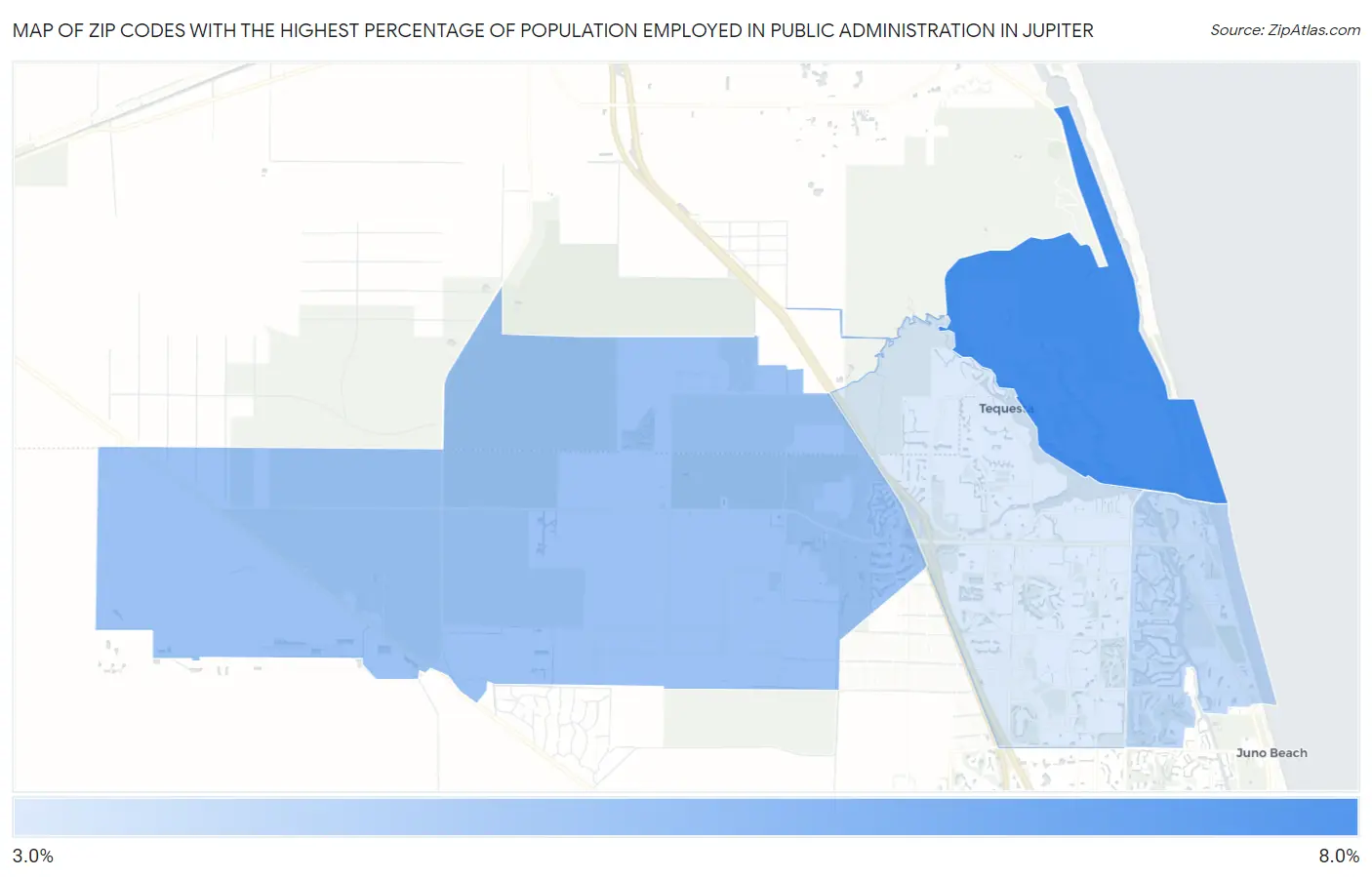 Zip Codes with the Highest Percentage of Population Employed in Public Administration in Jupiter Map