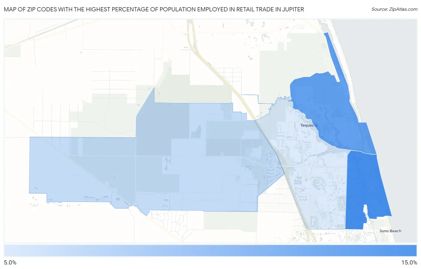 Zip Codes with the Highest Percentage of Population Employed in Retail Trade in Jupiter Map