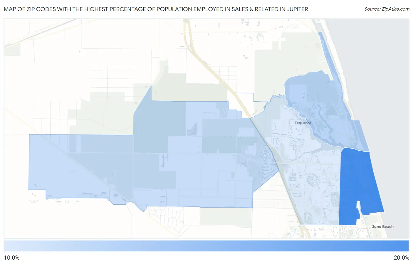 Zip Codes with the Highest Percentage of Population Employed in Sales & Related in Jupiter Map