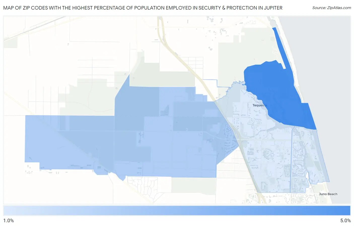 Zip Codes with the Highest Percentage of Population Employed in Security & Protection in Jupiter Map