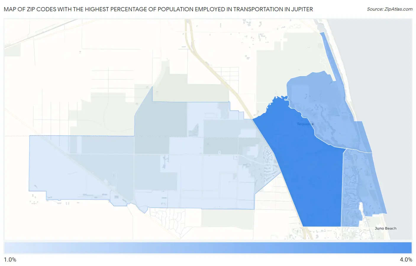 Zip Codes with the Highest Percentage of Population Employed in Transportation in Jupiter Map