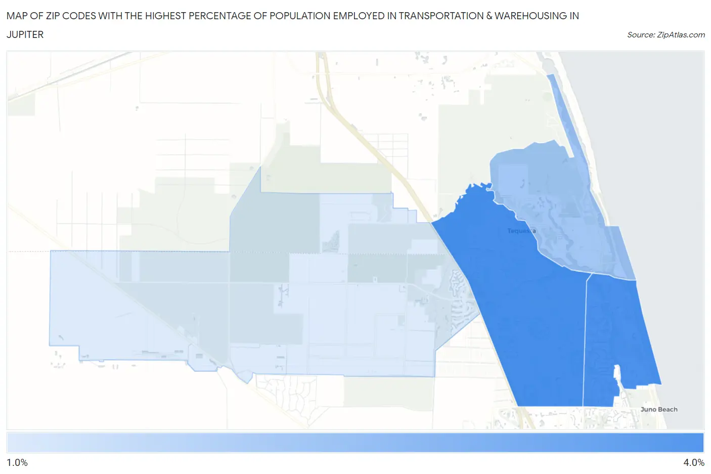 Zip Codes with the Highest Percentage of Population Employed in Transportation & Warehousing in Jupiter Map
