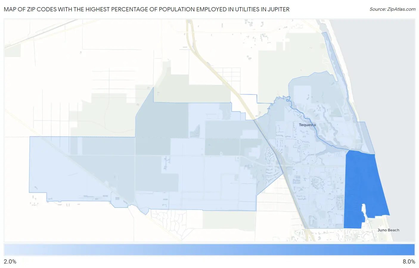 Zip Codes with the Highest Percentage of Population Employed in Utilities in Jupiter Map