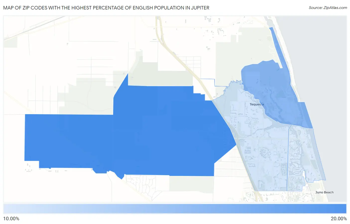 Zip Codes with the Highest Percentage of English Population in Jupiter Map