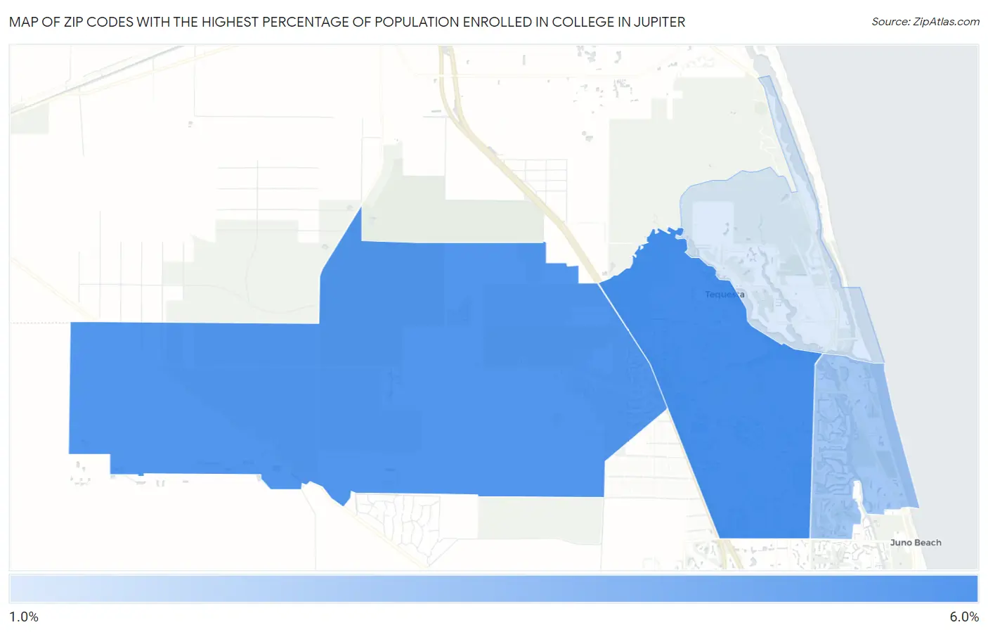 Zip Codes with the Highest Percentage of Population Enrolled in College in Jupiter Map