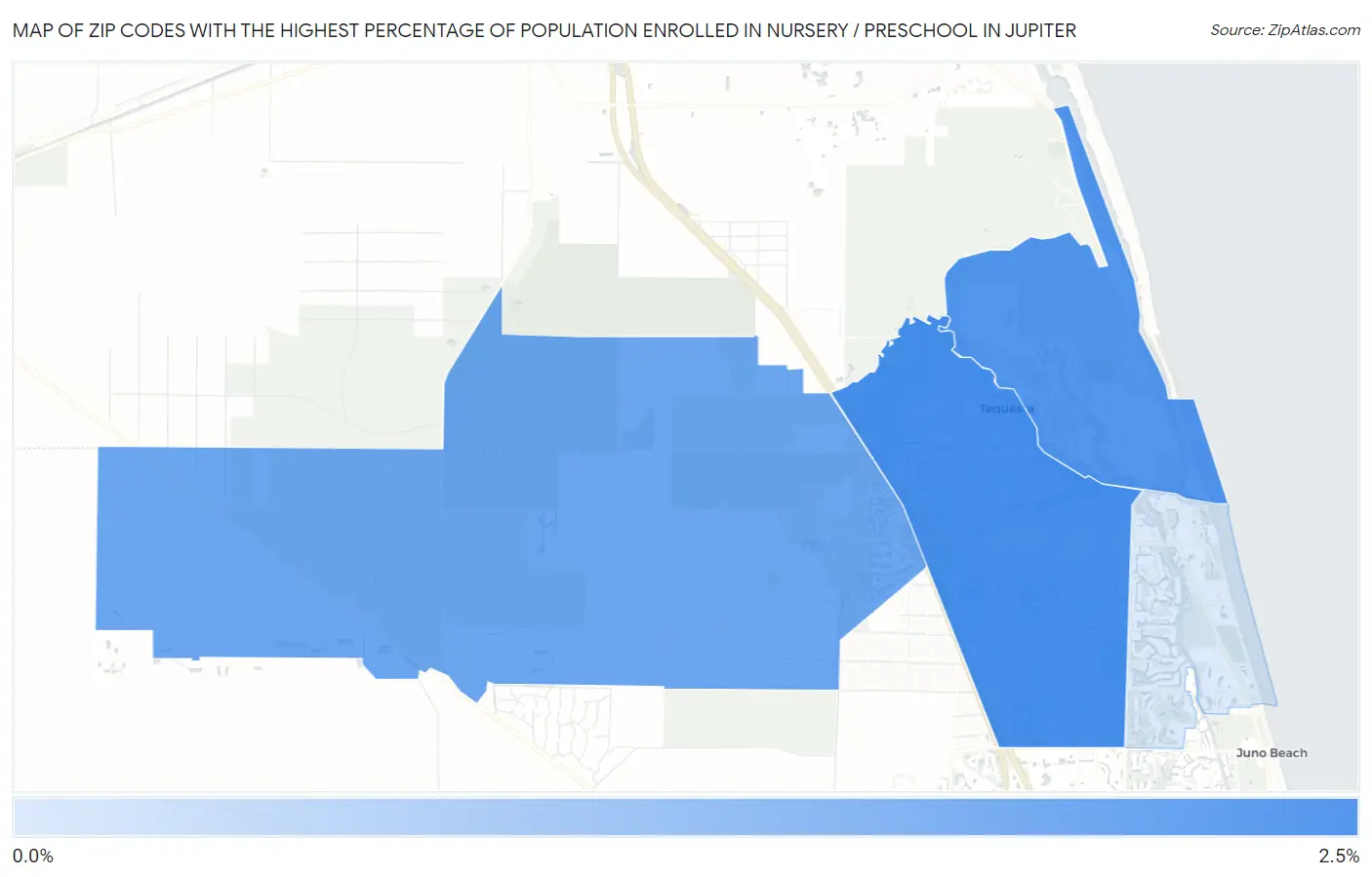 Zip Codes with the Highest Percentage of Population Enrolled in Nursery / Preschool in Jupiter Map