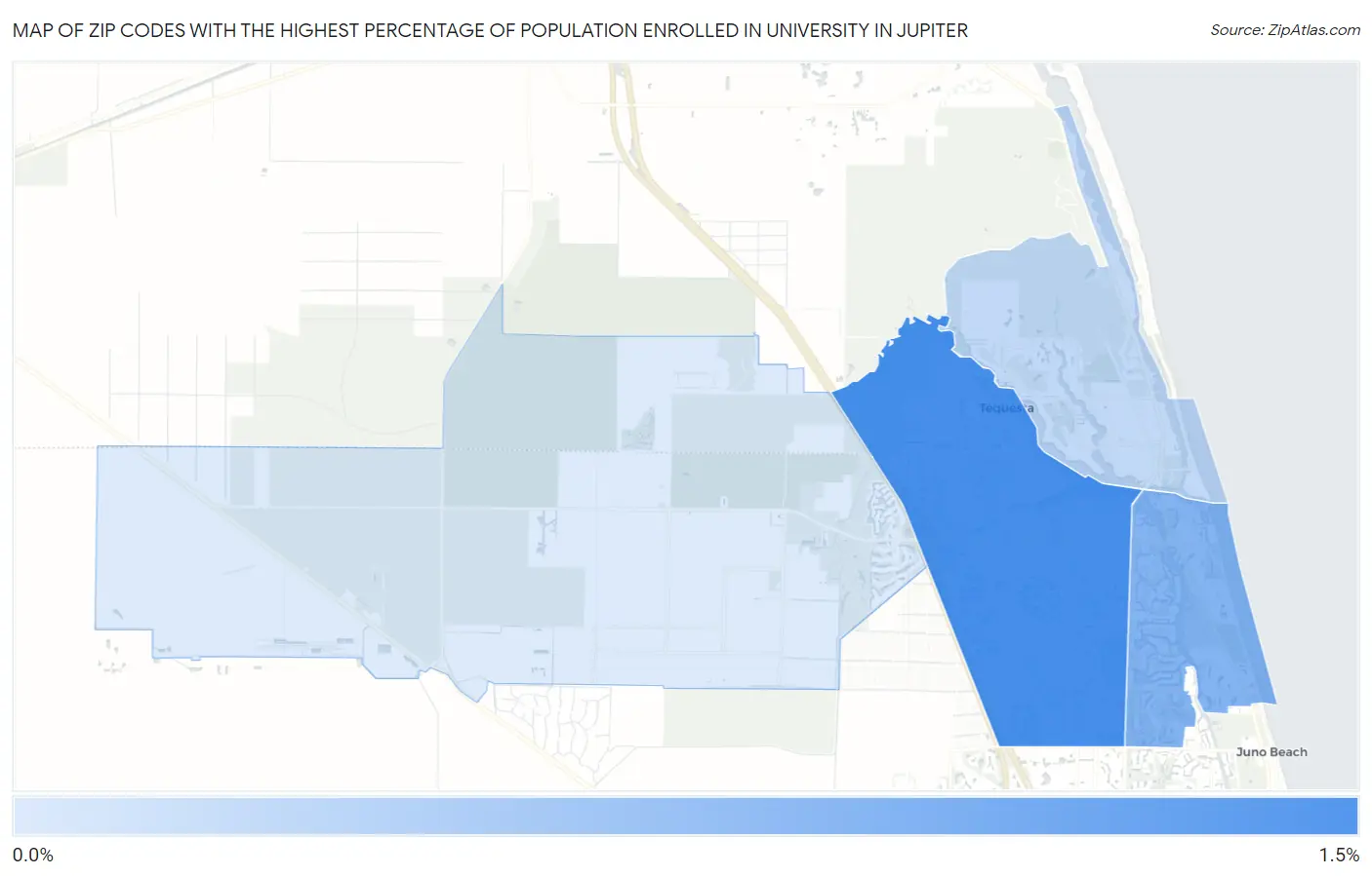 Zip Codes with the Highest Percentage of Population Enrolled in University in Jupiter Map