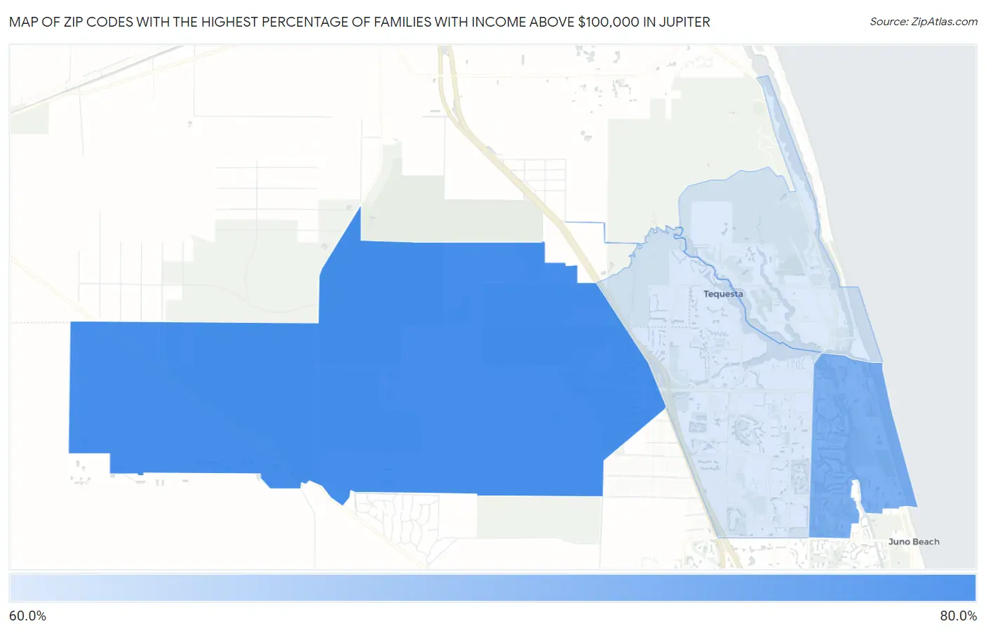 Zip Codes with the Highest Percentage of Families with Income Above $100,000 in Jupiter Map