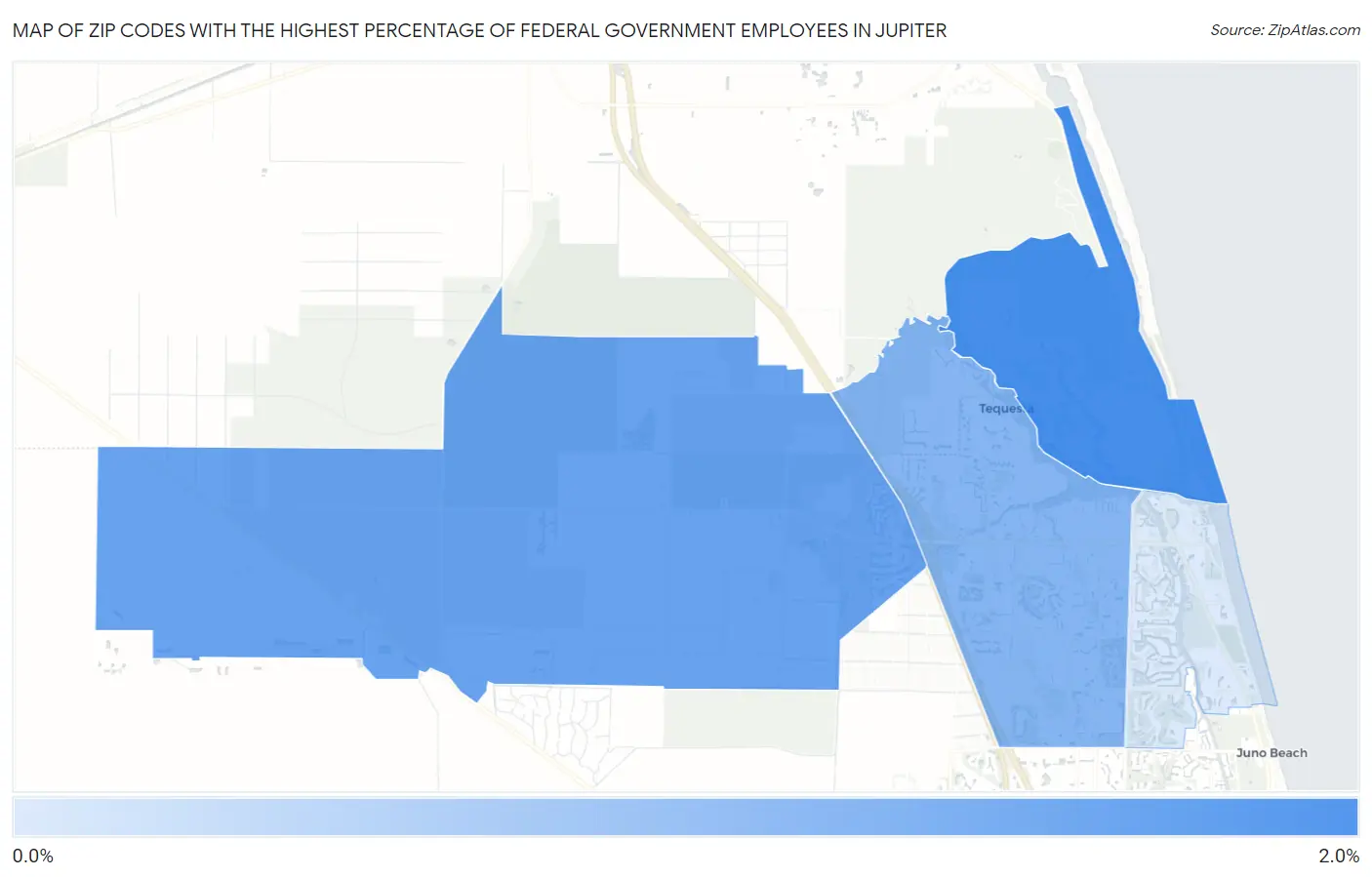Zip Codes with the Highest Percentage of Federal Government Employees in Jupiter Map