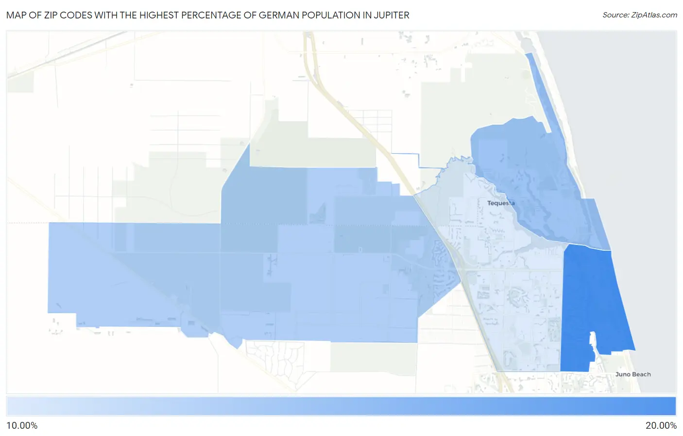 Zip Codes with the Highest Percentage of German Population in Jupiter Map
