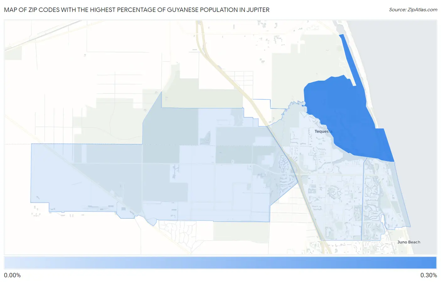 Zip Codes with the Highest Percentage of Guyanese Population in Jupiter Map