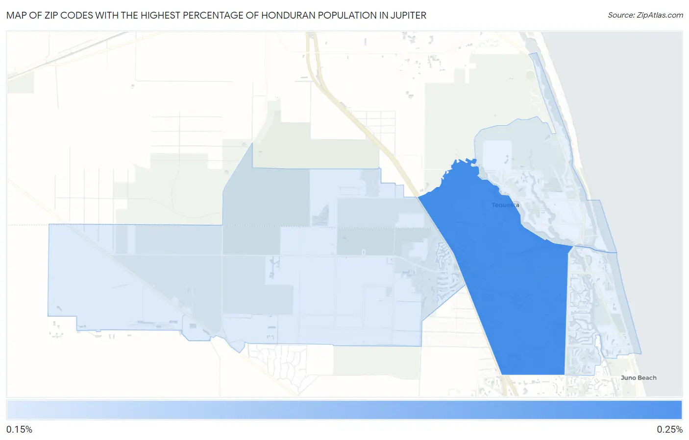 Zip Codes with the Highest Percentage of Honduran Population in Jupiter Map