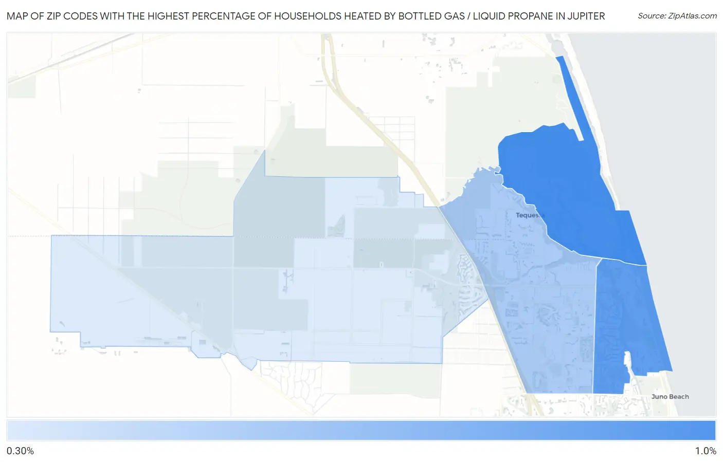 Zip Codes with the Highest Percentage of Households Heated by Bottled Gas / Liquid Propane in Jupiter Map
