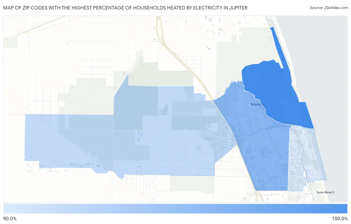 Zip Codes with the Highest Percentage of Households Heated by Electricity in Jupiter Map