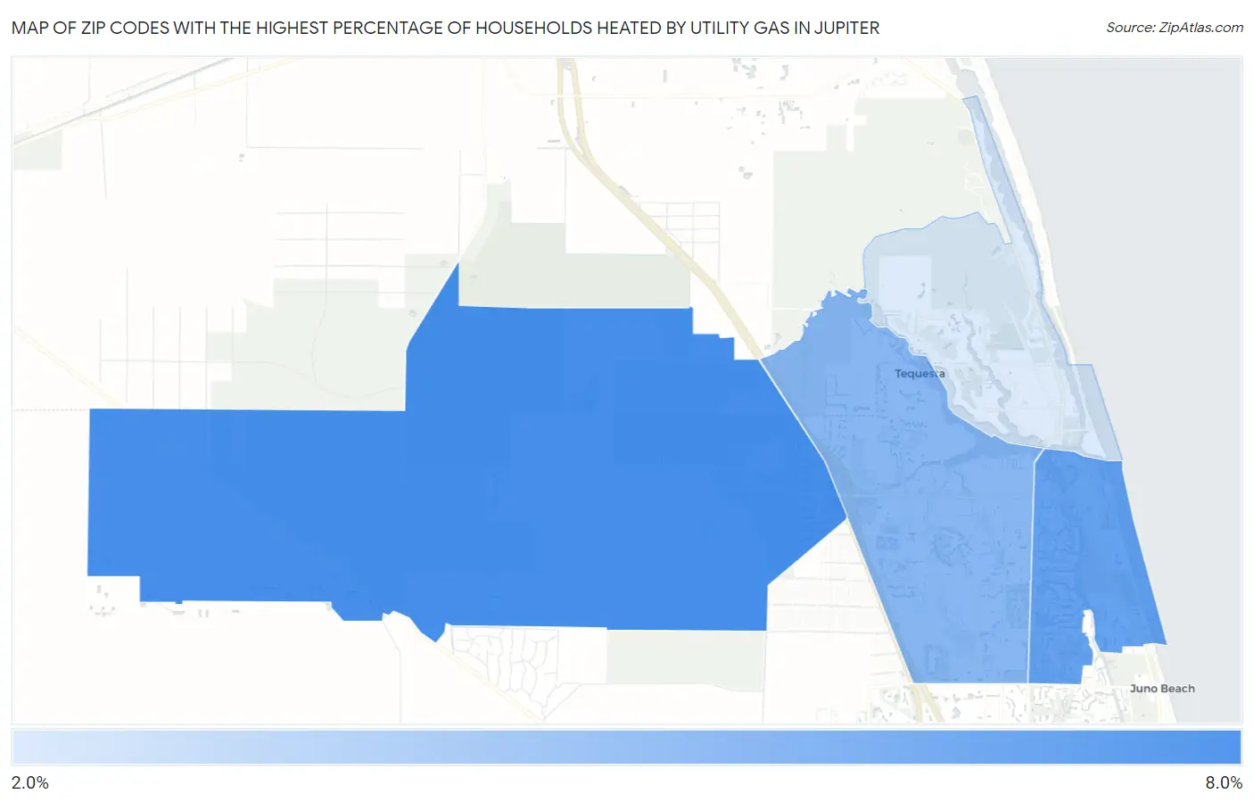 Zip Codes with the Highest Percentage of Households Heated by Utility Gas in Jupiter Map
