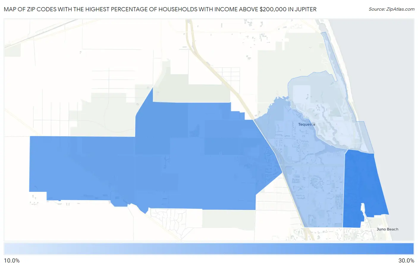 Zip Codes with the Highest Percentage of Households with Income Above $200,000 in Jupiter Map