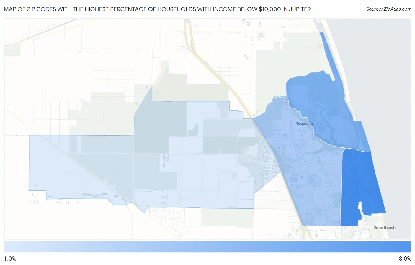 Zip Codes with the Highest Percentage of Households with Income Below $10,000 in Jupiter Map