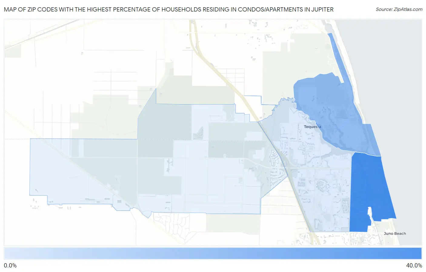 Zip Codes with the Highest Percentage of Households Residing in Condos/Apartments in Jupiter Map