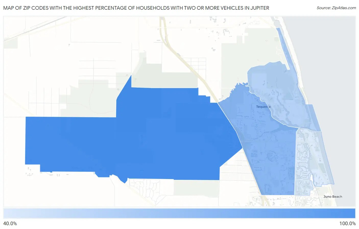 Zip Codes with the Highest Percentage of Households With Two or more Vehicles in Jupiter Map