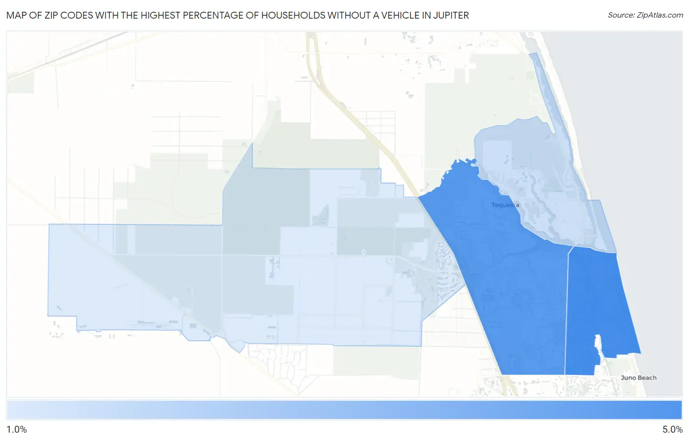 Zip Codes with the Highest Percentage of Households Without a Vehicle in Jupiter Map