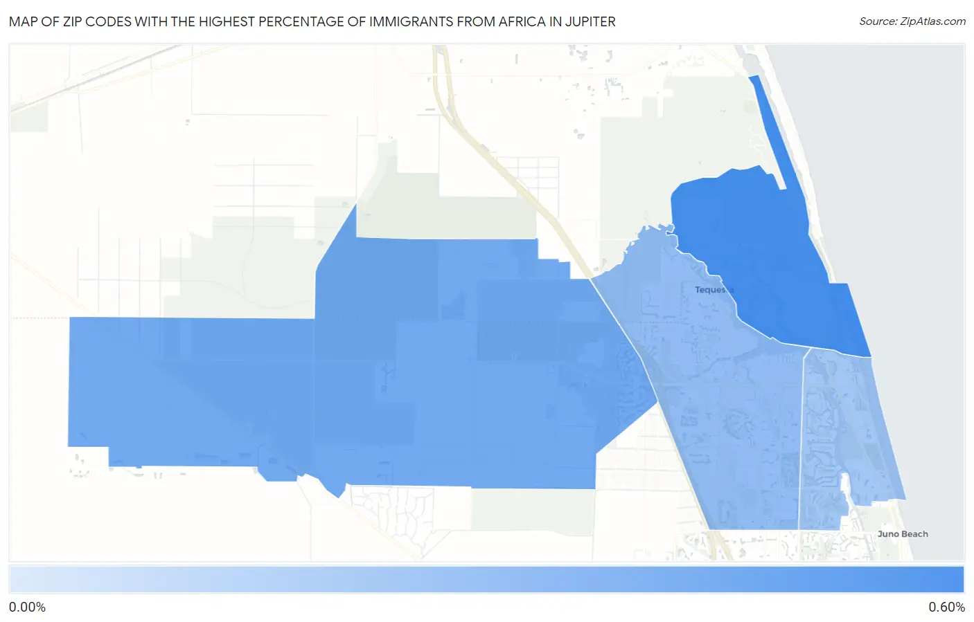 Zip Codes with the Highest Percentage of Immigrants from Africa in Jupiter Map