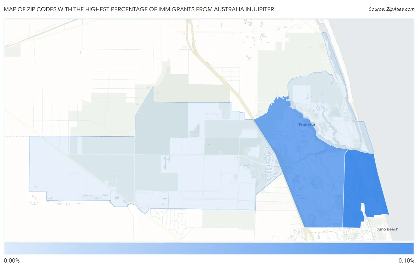 Zip Codes with the Highest Percentage of Immigrants from Australia in Jupiter Map