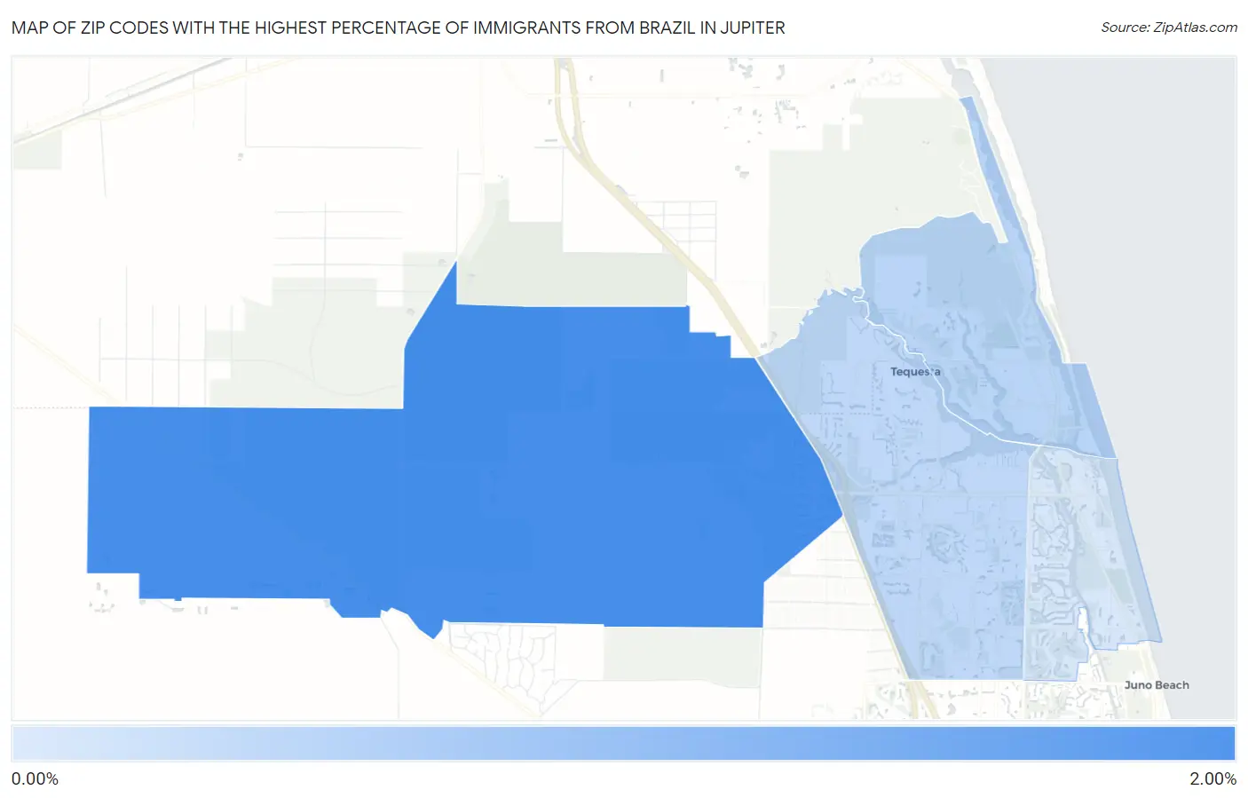 Zip Codes with the Highest Percentage of Immigrants from Brazil in Jupiter Map