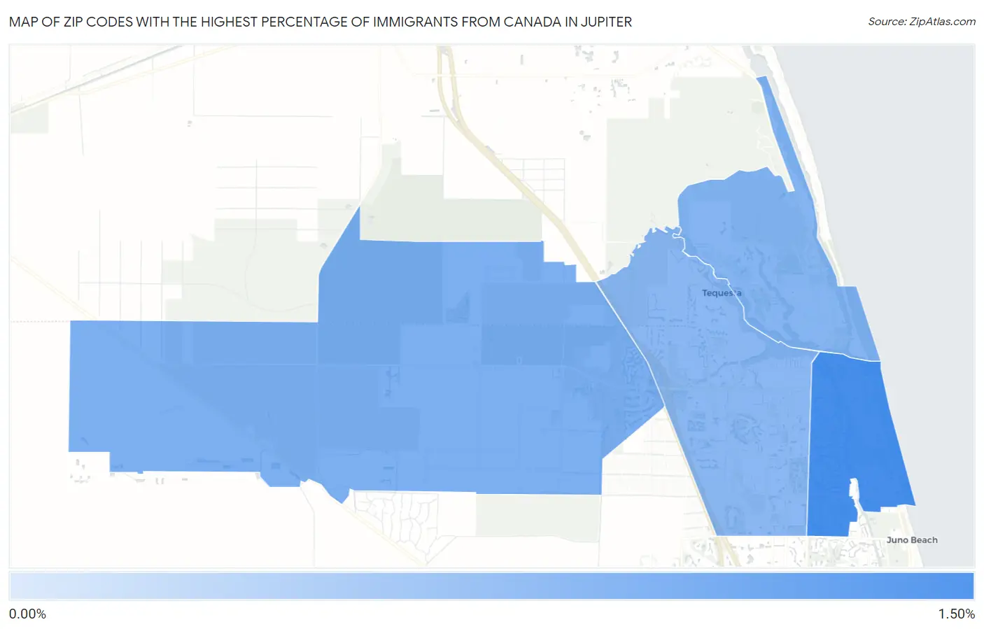 Zip Codes with the Highest Percentage of Immigrants from Canada in Jupiter Map