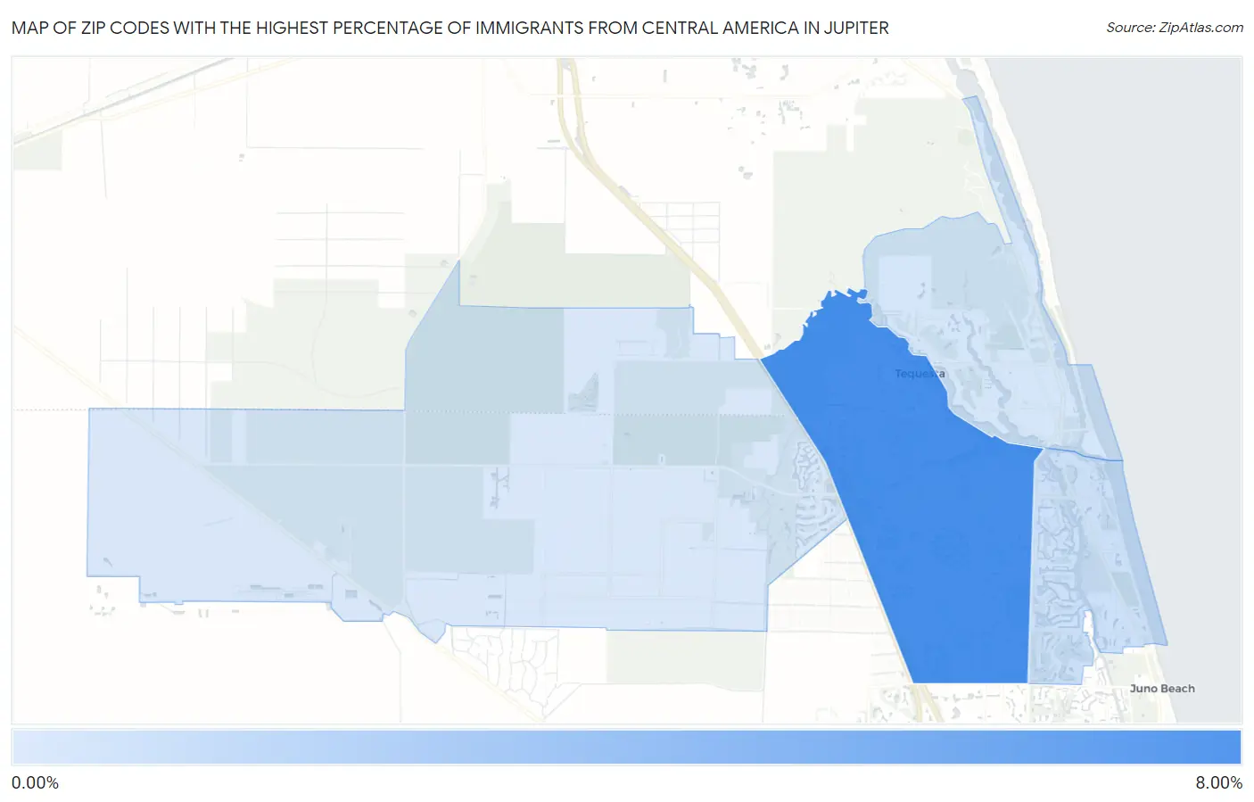 Zip Codes with the Highest Percentage of Immigrants from Central America in Jupiter Map