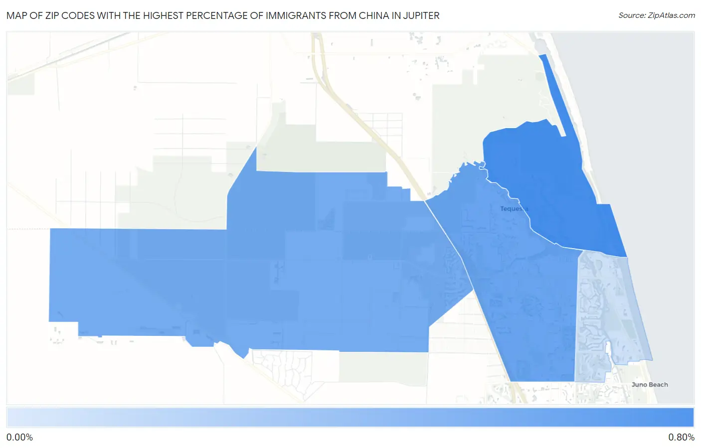 Zip Codes with the Highest Percentage of Immigrants from China in Jupiter Map