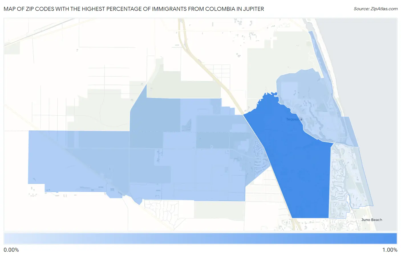 Zip Codes with the Highest Percentage of Immigrants from Colombia in Jupiter Map