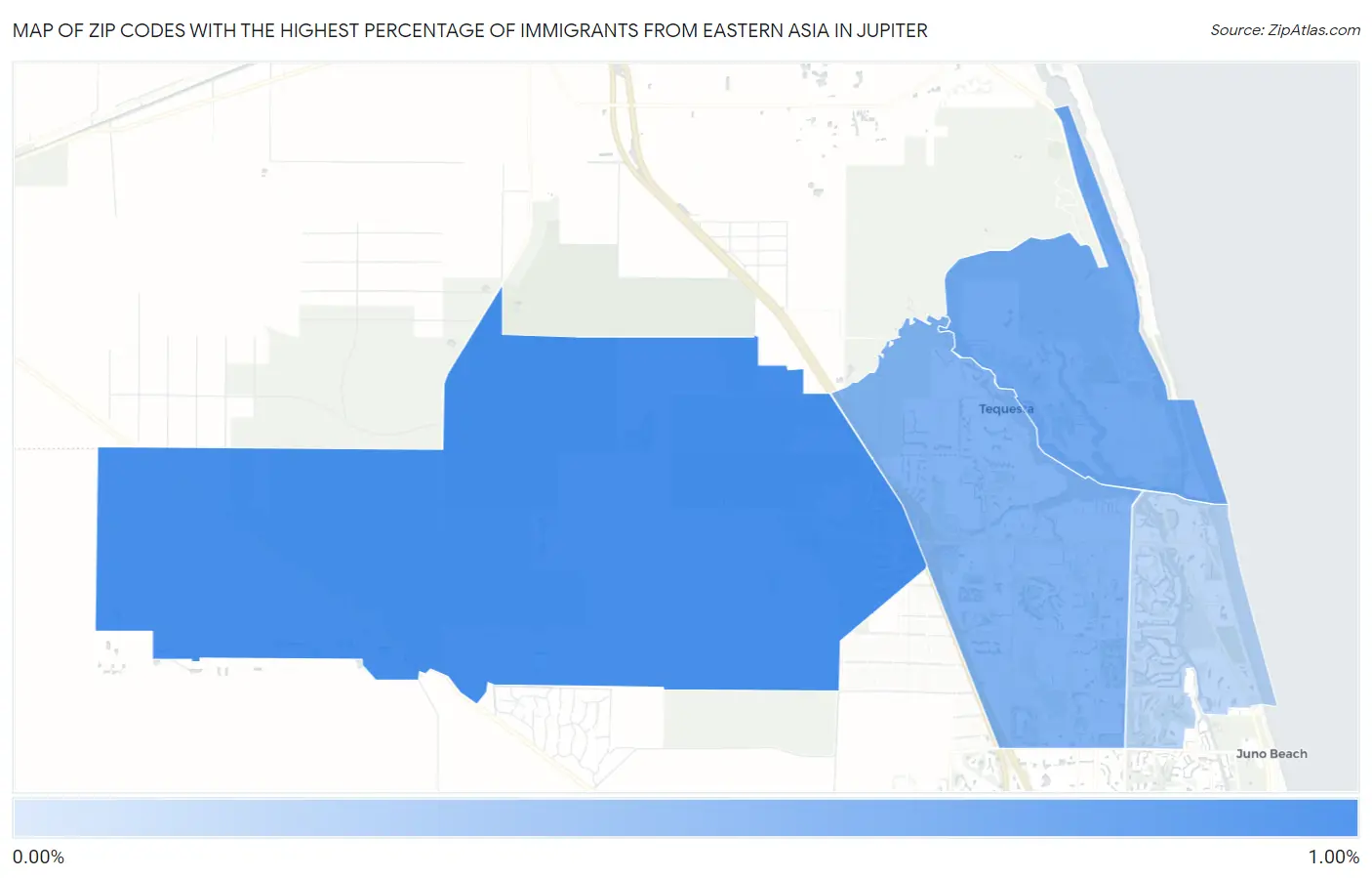 Zip Codes with the Highest Percentage of Immigrants from Eastern Asia in Jupiter Map