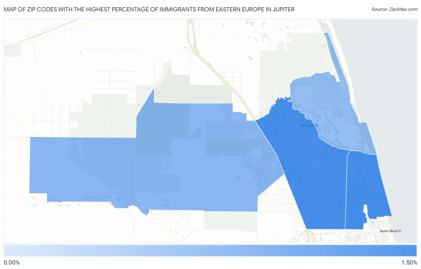 Zip Codes with the Highest Percentage of Immigrants from Eastern Europe in Jupiter Map