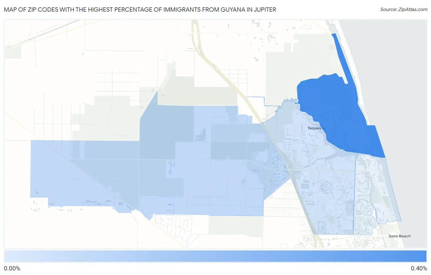 Zip Codes with the Highest Percentage of Immigrants from Guyana in Jupiter Map
