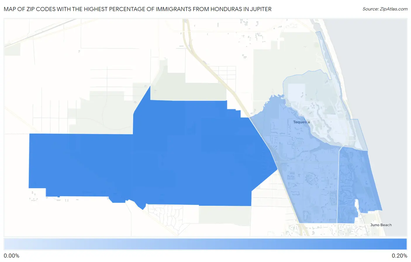 Zip Codes with the Highest Percentage of Immigrants from Honduras in Jupiter Map