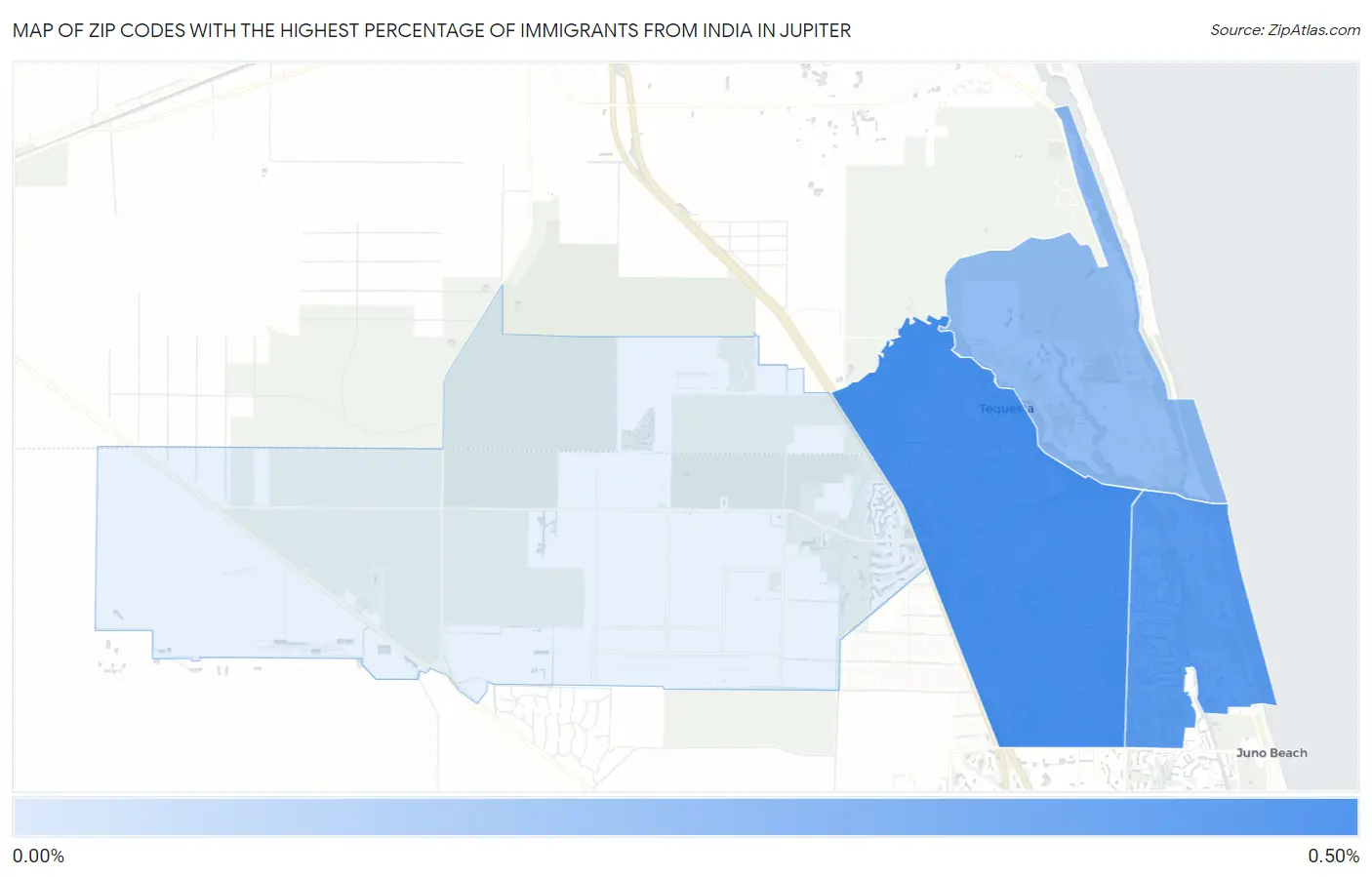 Zip Codes with the Highest Percentage of Immigrants from India in Jupiter Map