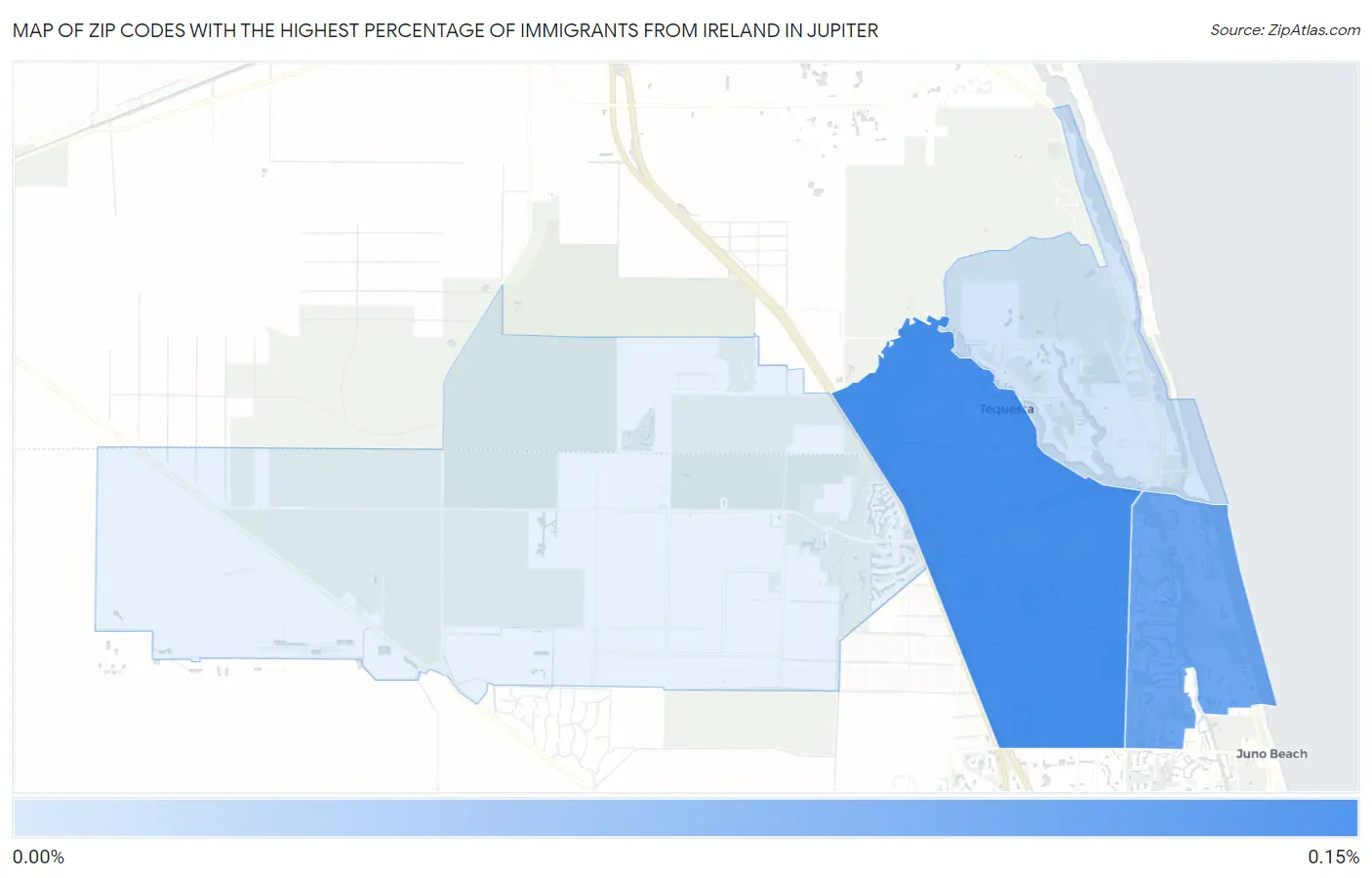 Zip Codes with the Highest Percentage of Immigrants from Ireland in Jupiter Map